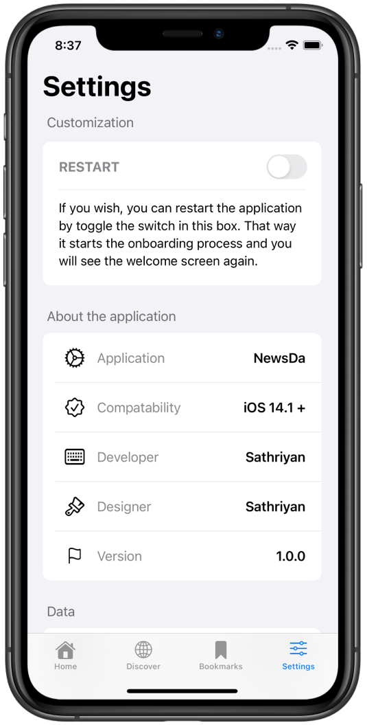 NewsDA Settings Screen